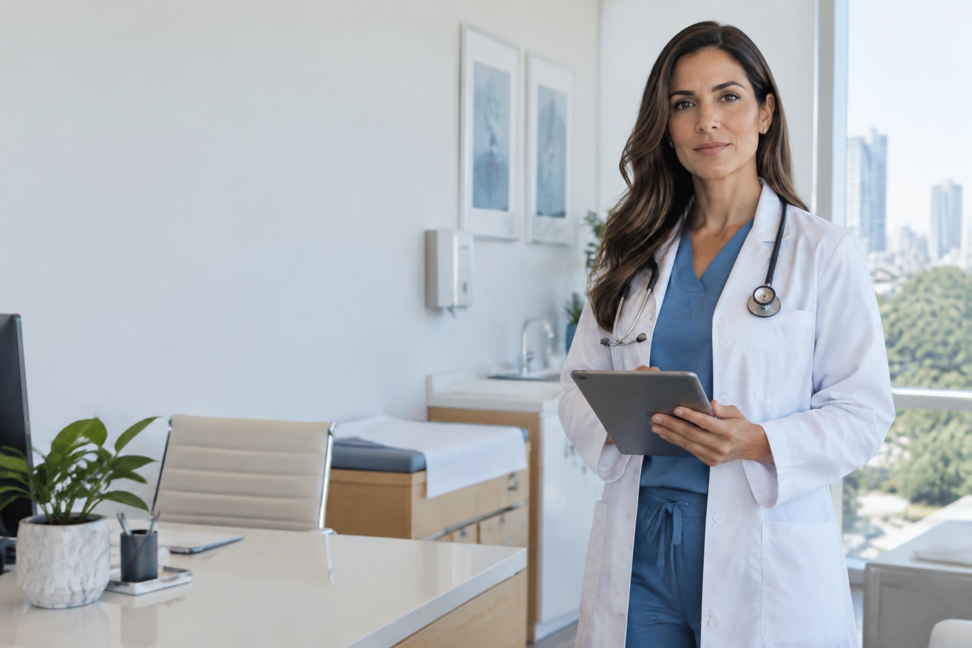 Médica em consultório com um tablet